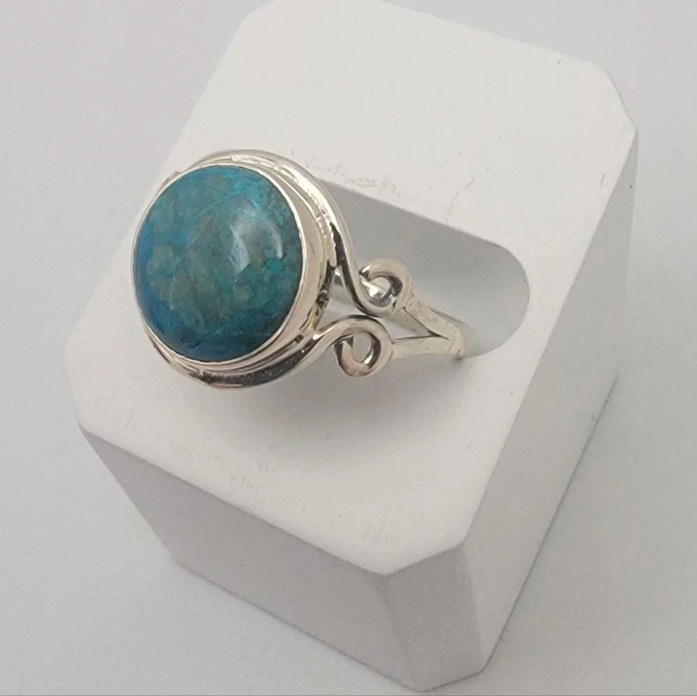 925 Sterling Silver Handcrafted Blue Shattuckite Gemstone Ring Size 10
